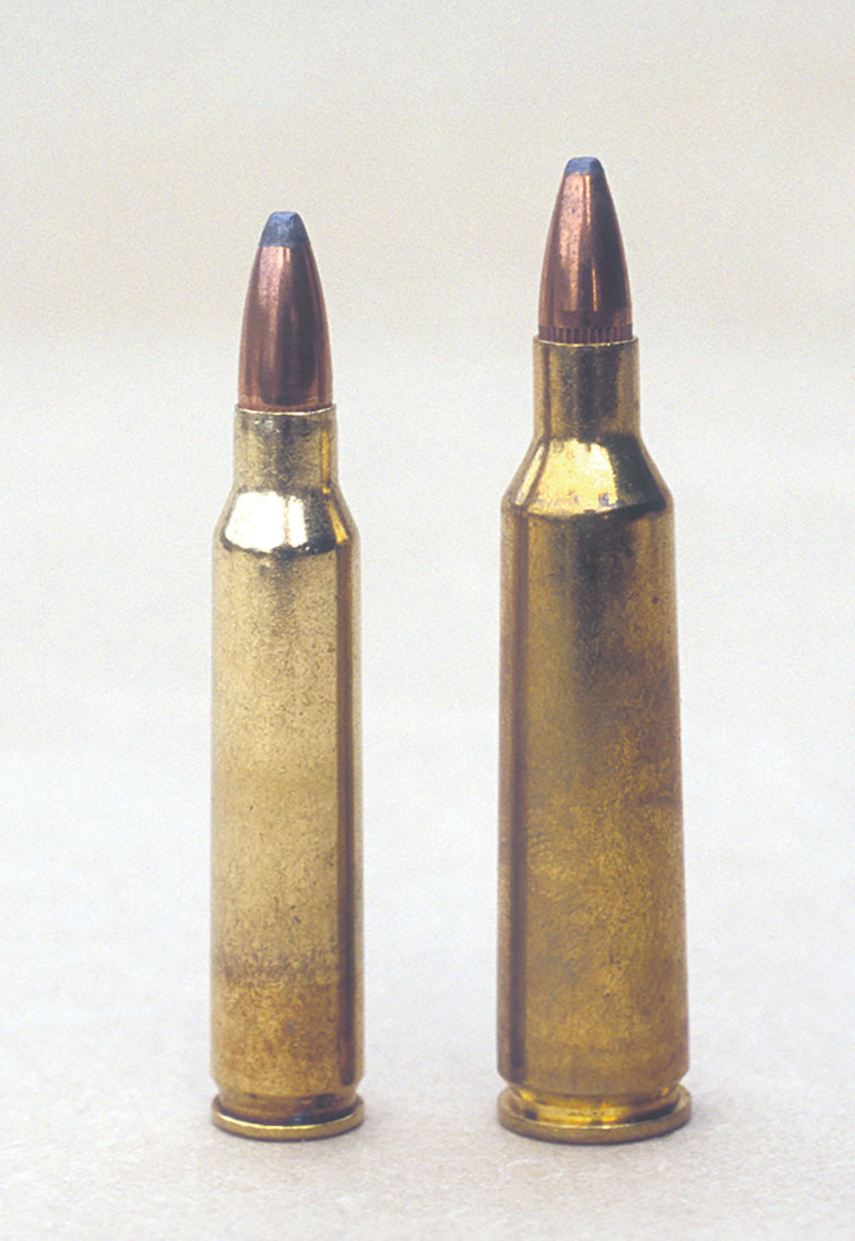 The .22-250 Remington (right) is shown next to the .223 Remington for comparison.